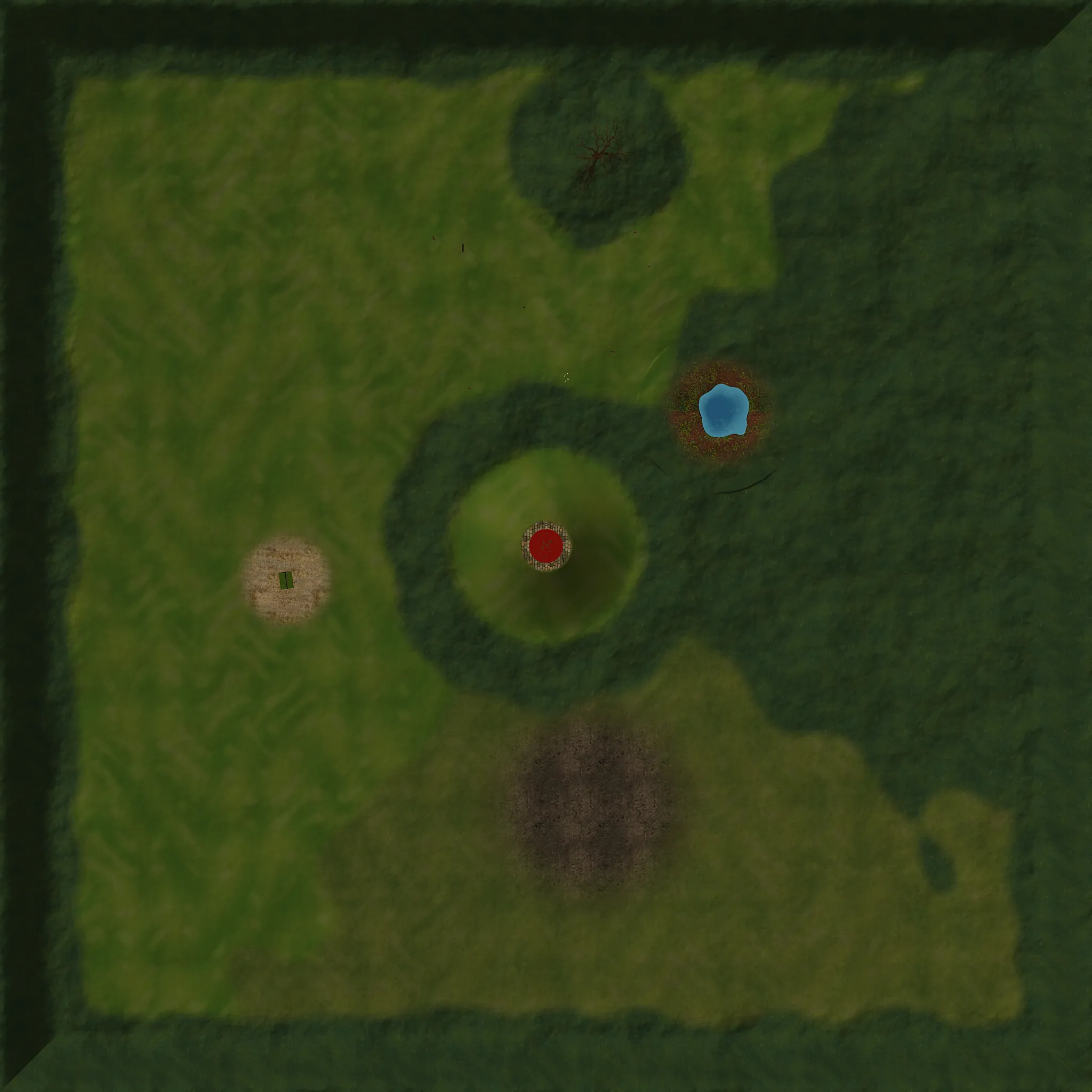 The whole Thimblewood garden seen from above: a hill with the Grand Hub in the middle, a pond, an old shed and a vegetable patch around it.